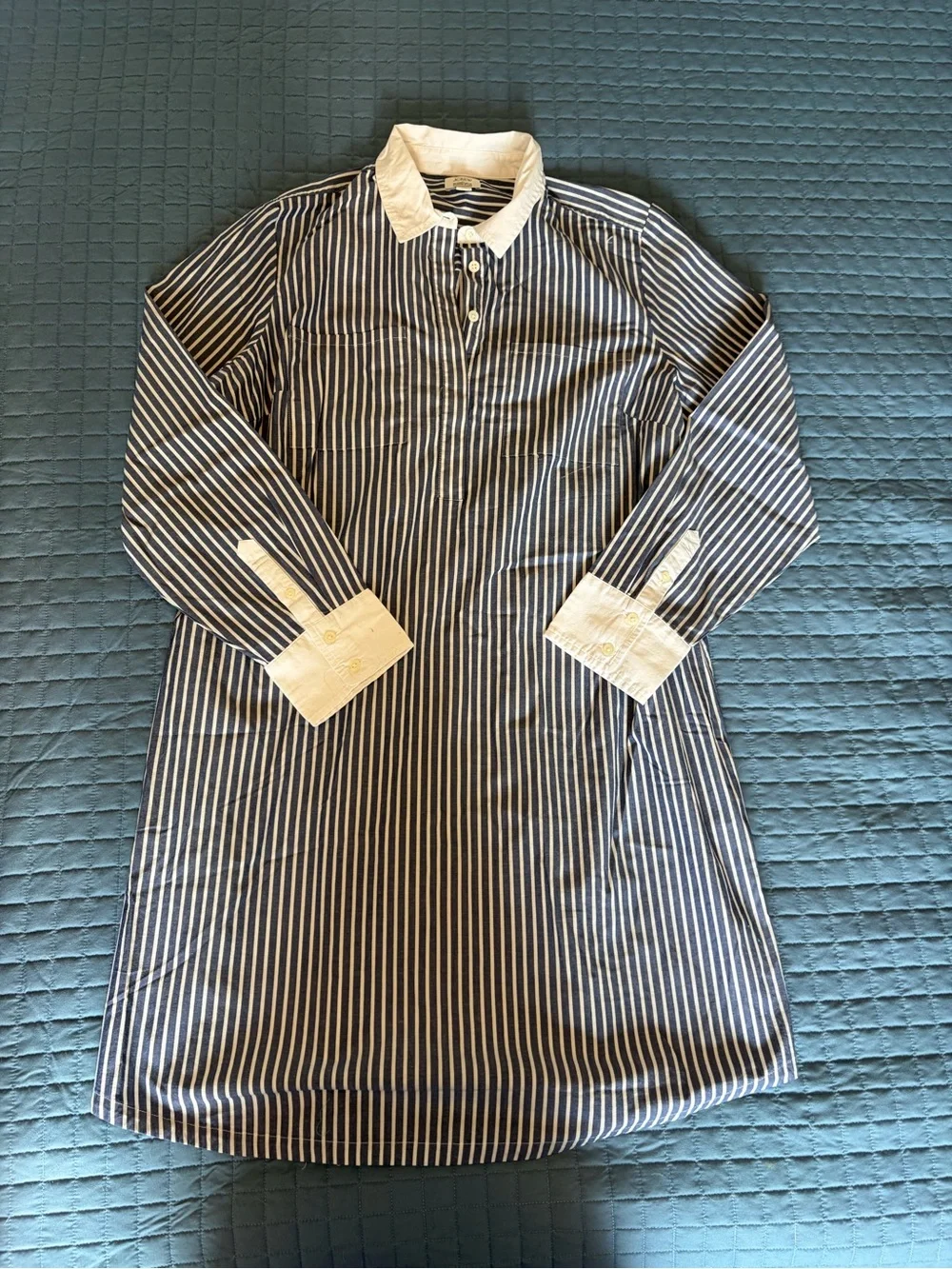Striped J. Crew Navy and White Contrast Collar Long-Sleeve Dress